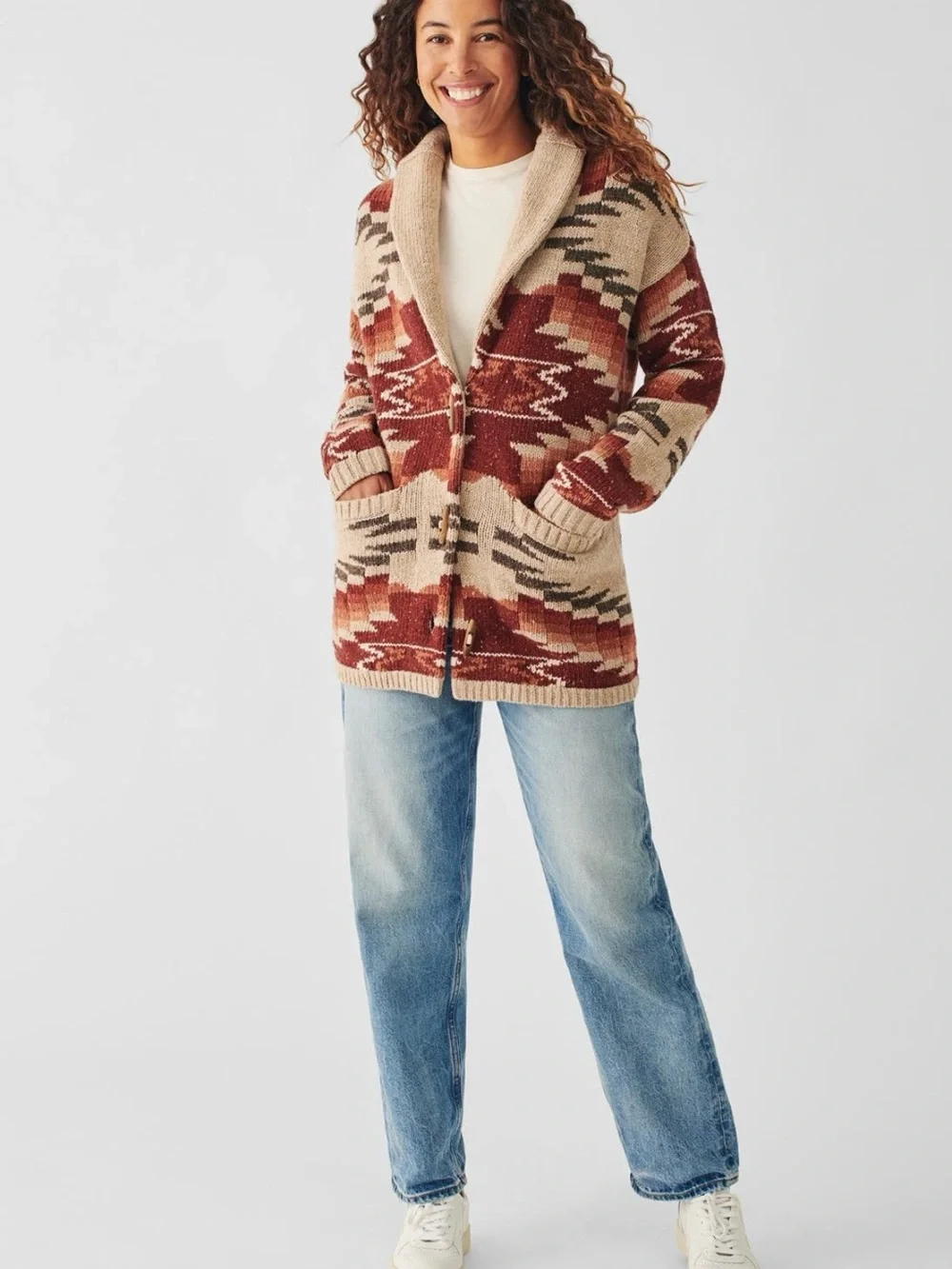 Faherty Thunder Voice Eagle Lehi Wool Blend Cardigan in Sunset Southwest Aztec M - Picture 9 of 9